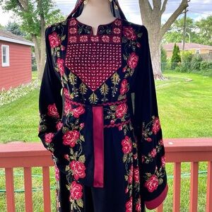 Black and Red Floral Embroidered Dress ثوب